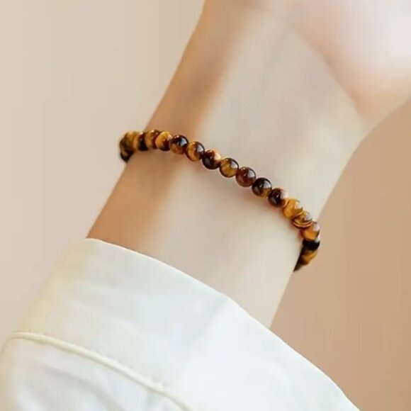 NEW Elegant, Boho Chic, 6mm Genuine Tiger's Eye Semi-Precious Stone Bracelet. - Picture 3 of 4